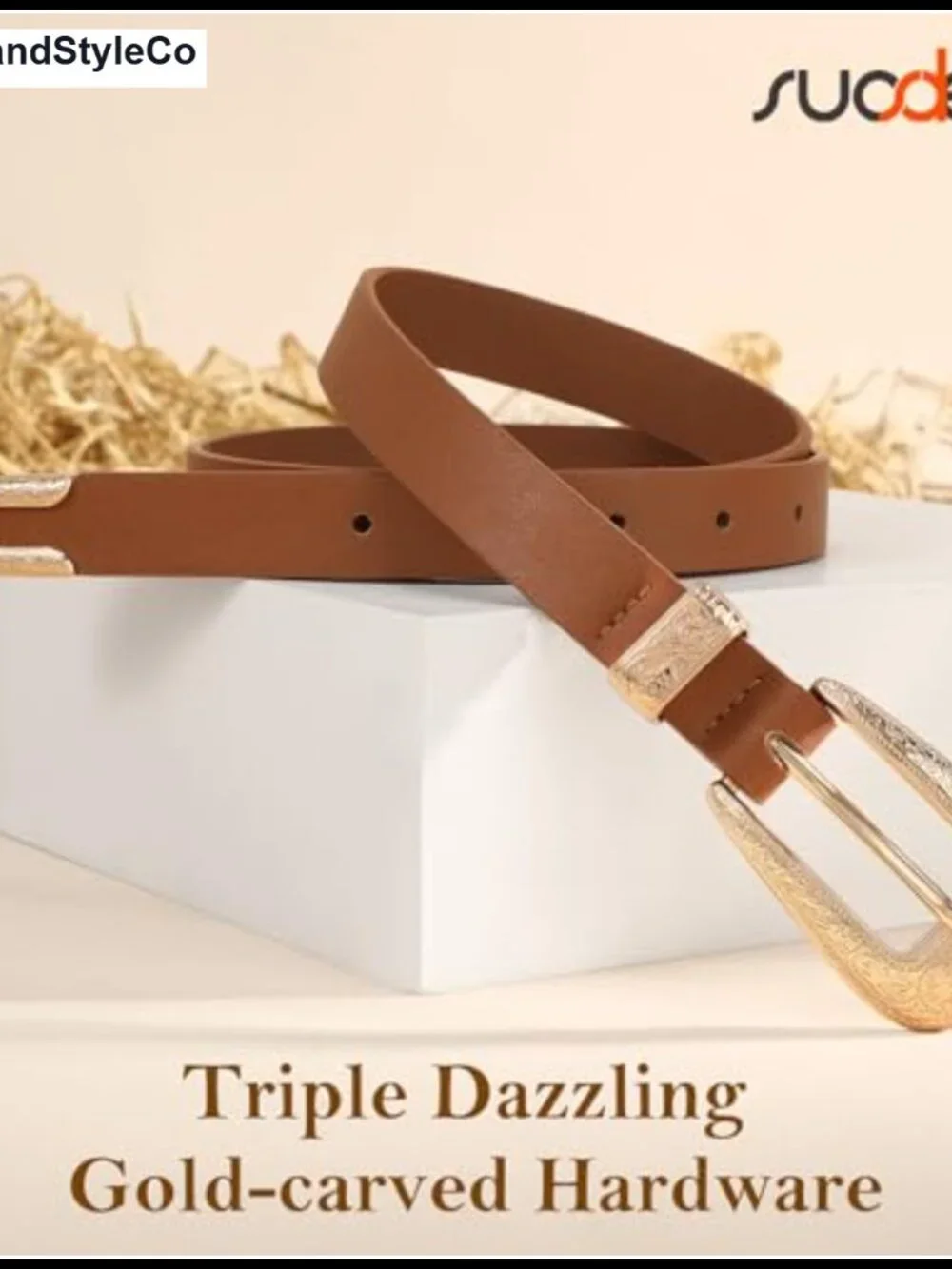 SUOSDEY Western Skinny Belt Women Cowgirl Carved Buckle Vegan Leather